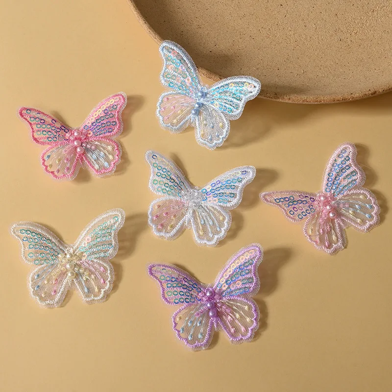 10/30 Stück Perlen-Schmetterlings-Spitzenapplikationen, bestickt, für Hochzeitskleidung, Schmuckzubehör, zum Nähen, DIY-Haarspangen Image