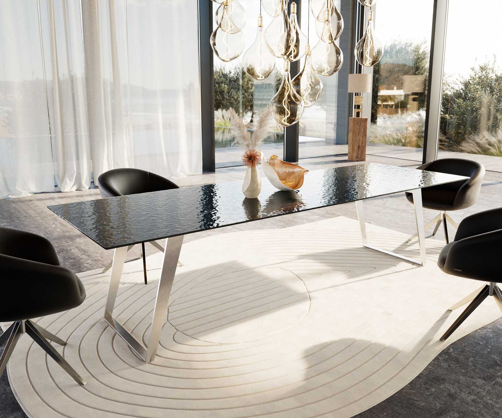 DELIFE Esstisch Edge 300x100 Reliefglas Rauchschwarz 3D-Design Edelstahl Schräg, Esstische Image