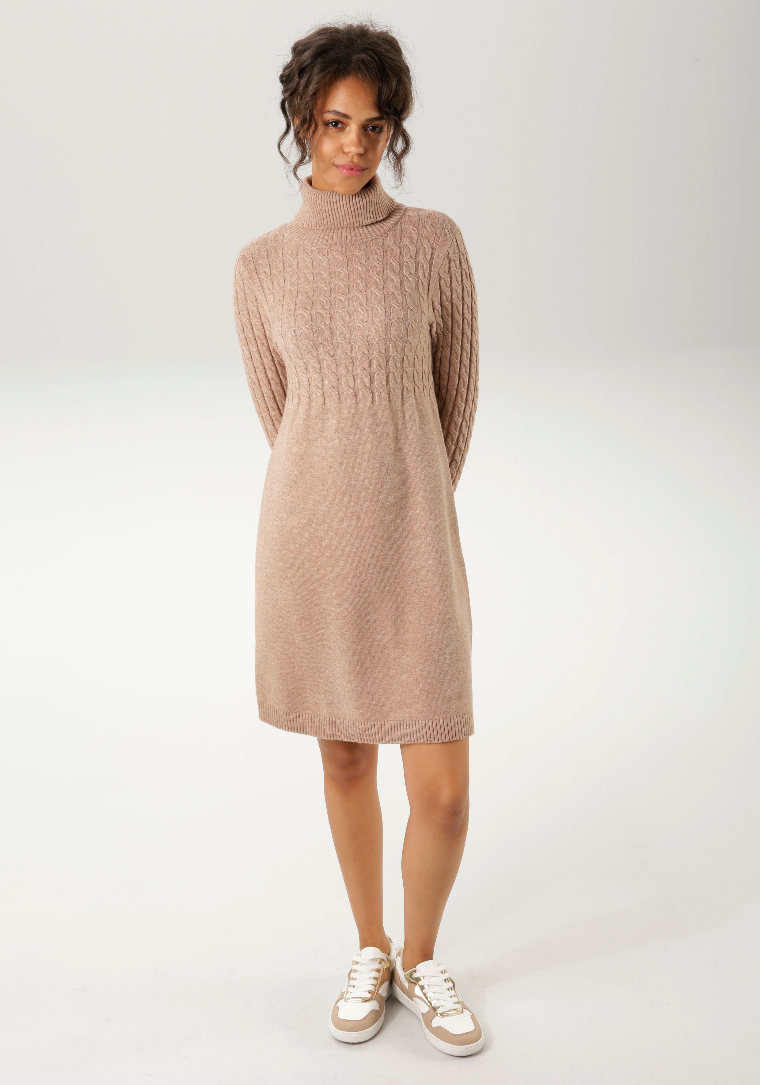 Strickkleid ANISTON CASUAL, Damen, Gr. 34, N-Gr, braun (camelfarben), Feinstrick, Obermaterial: 50% Viskose, 28% Polyester, 22% Polyamid, meliert, unifarben, figurumspielend kniefrei, Rippstrickbündchen, Kleider Strickkleid, mit Zopfmuster im...