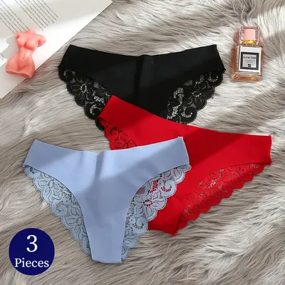 TrowBridge 3PCS Damen Höschen Set Süße Spitze Unterwäsche Weiche Seide Satin Dessous Französisch Image
