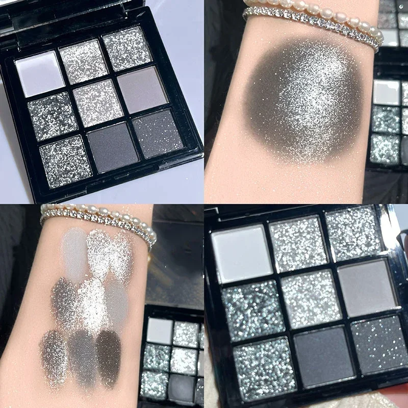 9-Farben-Punk Smokey Matte Glitter Lidschatten-Palette Cool Toned Grey Black Eye Pigment Palette Schimmer Lidschatten-Make-up-Palette Image