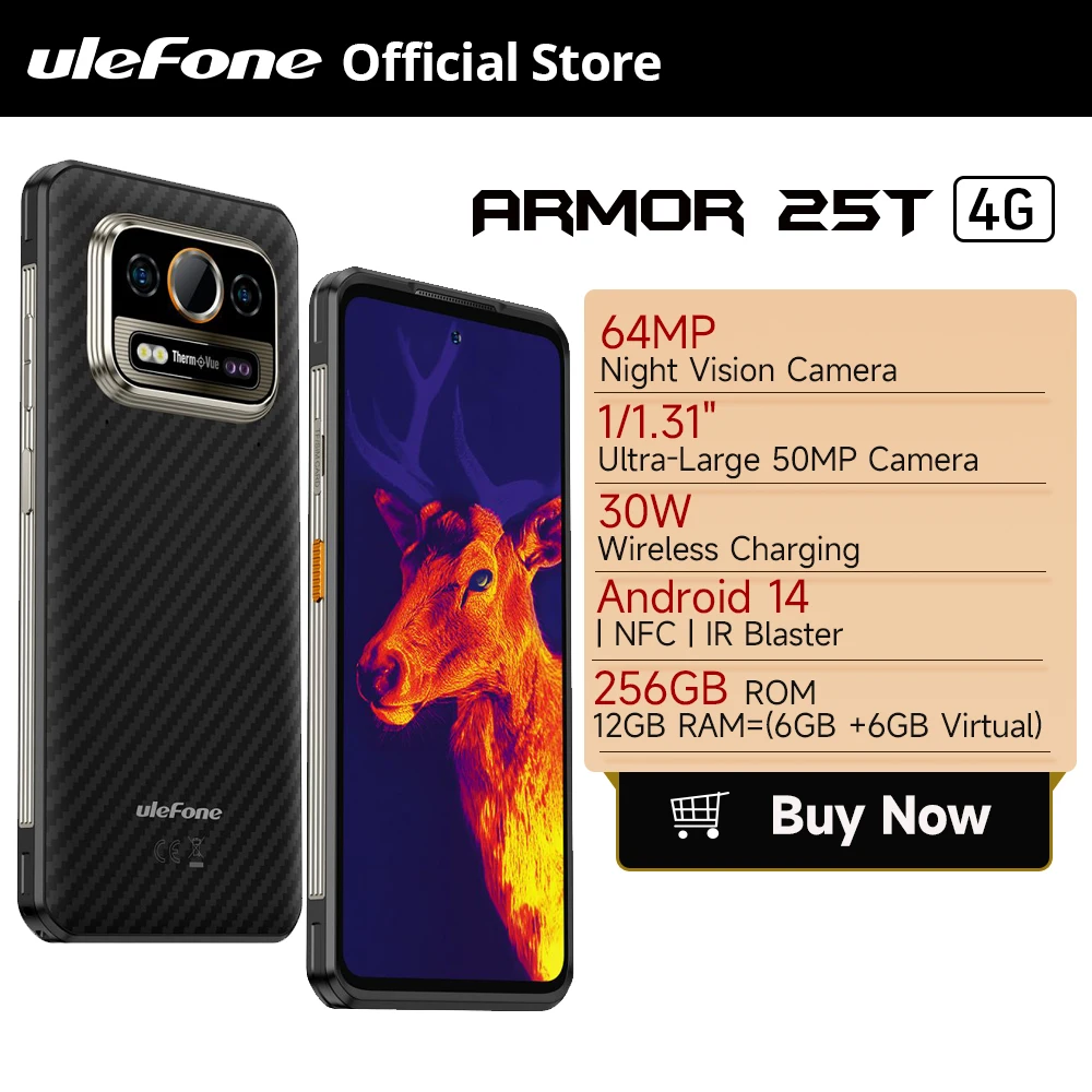 Ulefone Armor 25T 4G Robustes Telefon Android 14 33W 50MP+64MP Nachtkamera NFC Wasserdichtes Smartphone 6,78" 120Hz 256GB ROM Global Image
