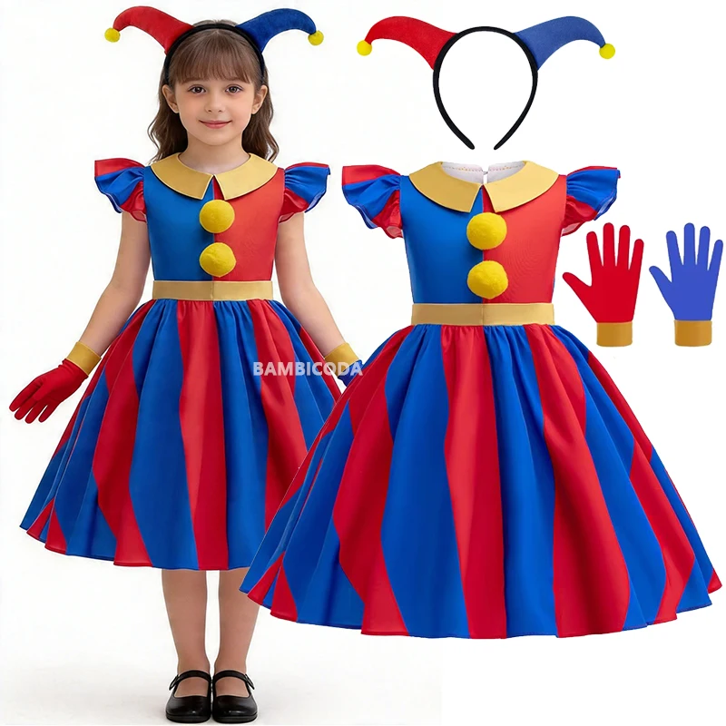 Pomni Costume Cosplay Anime L'incredibile Circo Digitale Cartone Animato Uniforme Cappello Guanti Festa di Halloween per Costumi Ragazze Ragazzi