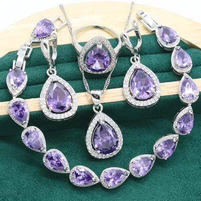 Wedding 925 Sterling Silver Jewelry Sets For Women Green Pink Pink Zircon Bracelet Earrings Necklace