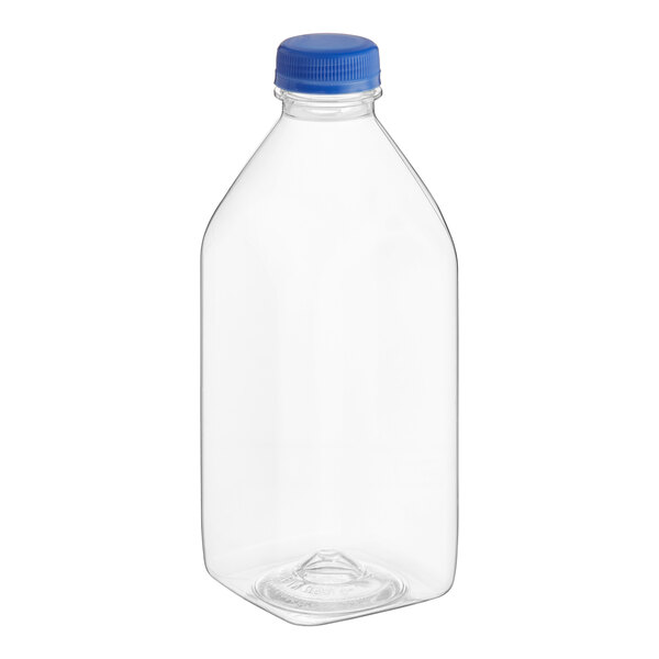 Captiva Containers 32 oz. Square Milkman PET Clear Juice Bottle with Blue Lid - 77/Case