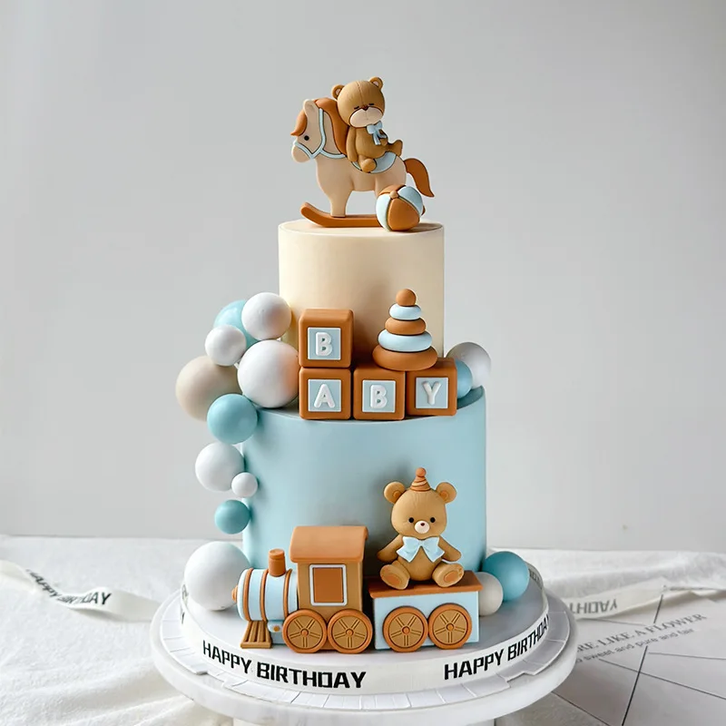 Blauer Zug Kuchen Topper Bär Kuchen Top Kutsche Wasserballons Regenbogen Turm Kuchen Dekorationen Junge Mädchen Babyparty Partyzubehör Image