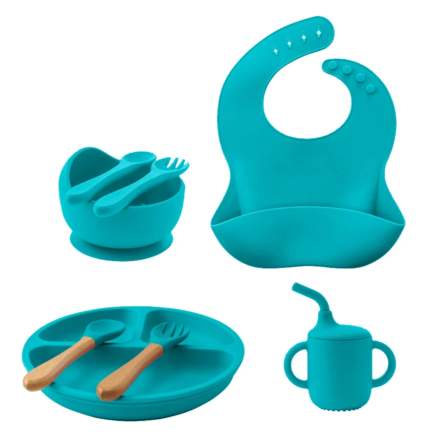 Mamaplan 8PCS Silikon Baby Fütterung Set Saug Platte Schüssel Wasserdichte Lätzchen Schnabeltasse Silikon Löffel Gabel kinder Geschirr Image
