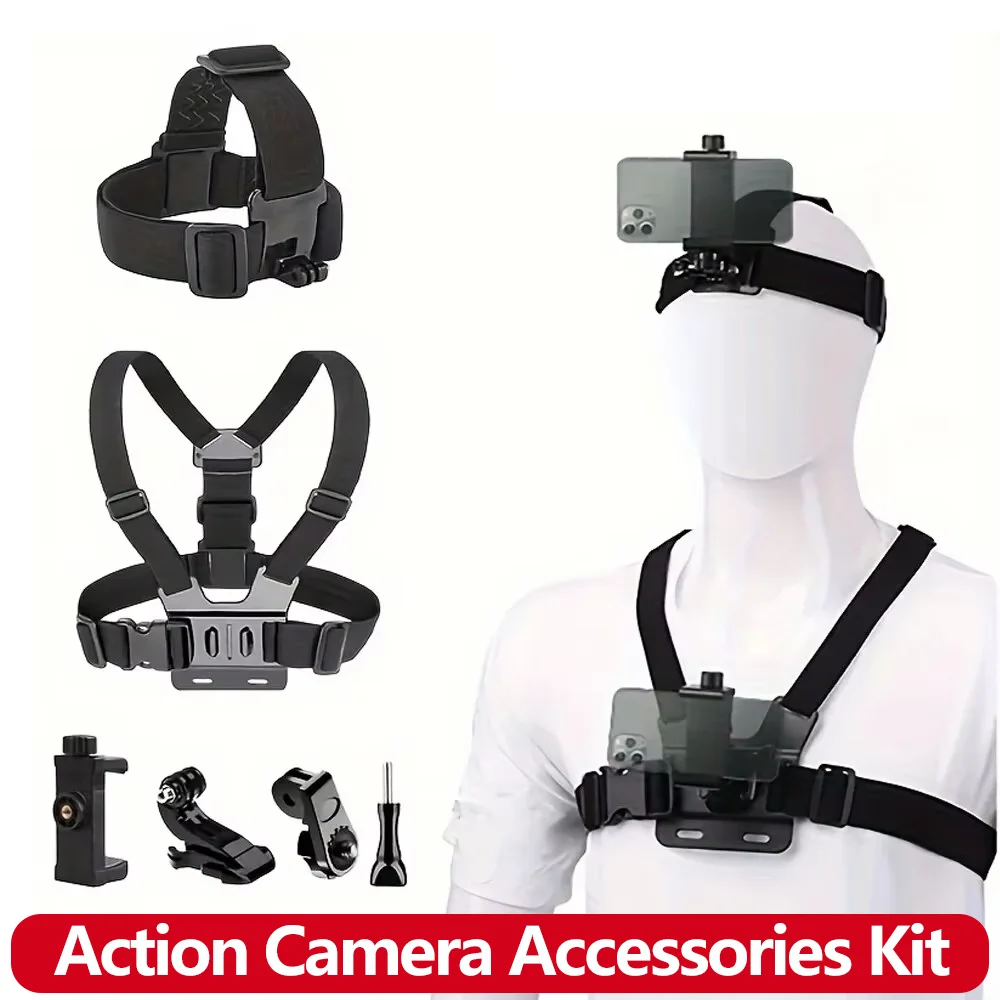 All-in-One Action-Kamera-Zubehör-Set, Kopfgurt, Brustgurt-Halterung, verstellbar, für GoPro Hero Phone Osmo SJCAM AKASO insta360 Image