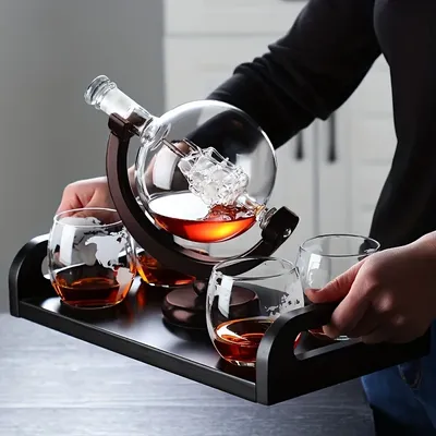 Whiskey Decanter Globe Wine Aerator Glass Sets Inside Crystal with Fine Wood Stand Liquor Decanter for Vodka Cup Bar Accessories