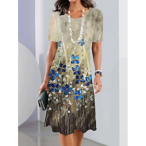 Damen-Midikleid mit Blumendruck und Rundhalsausschnitt, formelle Party, Urlaub, kurze Ärmel, Sommer Image