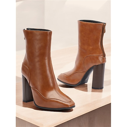 elegante braune Lederstiefeletten mit hohem Absatz für Damen, perfekt fürs Büro und legere Ausflüge
