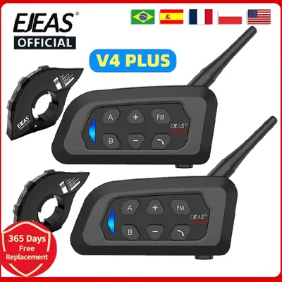 EJEAS V4 Plus Motorcycle Helmet Bluetooth Walkie Talkie 4 Riders Distance 1500 Meters Full Duplex