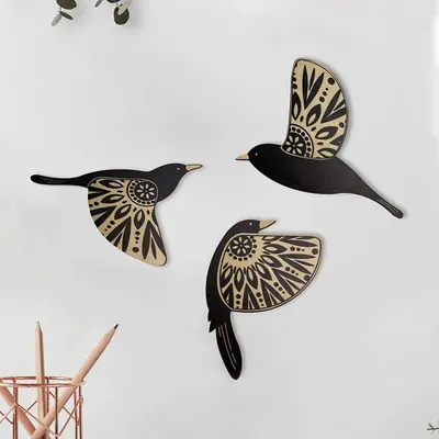 3Pcs Wooden Black Bird Wall Decor Art Vintage Gothic Home Decor Living Room Bathroom Kitchen
