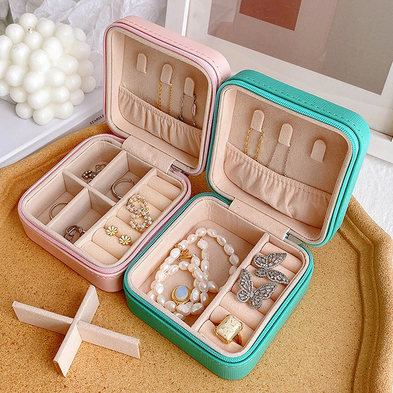 Mini Schmuck Organizer Display Reise Schmuck Reißverschluss Fall Boxen Ohrringe Halskette Ring Tragbare Schmuck Box Flip Top Lagerung Image