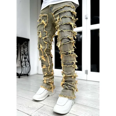 High Street White Men's Stacked Jeans Stretched Patchwork Tassel Damaged Denim Full Length Pants Hip-pop Trousers For Male ﻿