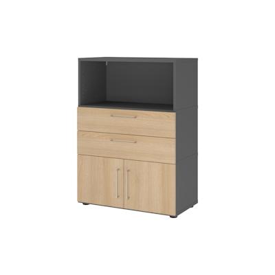 bümö flexi Aktenschrank mit Flügeltüren & 2 Schubladen in Graphit/Eiche, Büroschrank mit werkzeuglosem Schnellmontage-Klicksysten in modularer Image