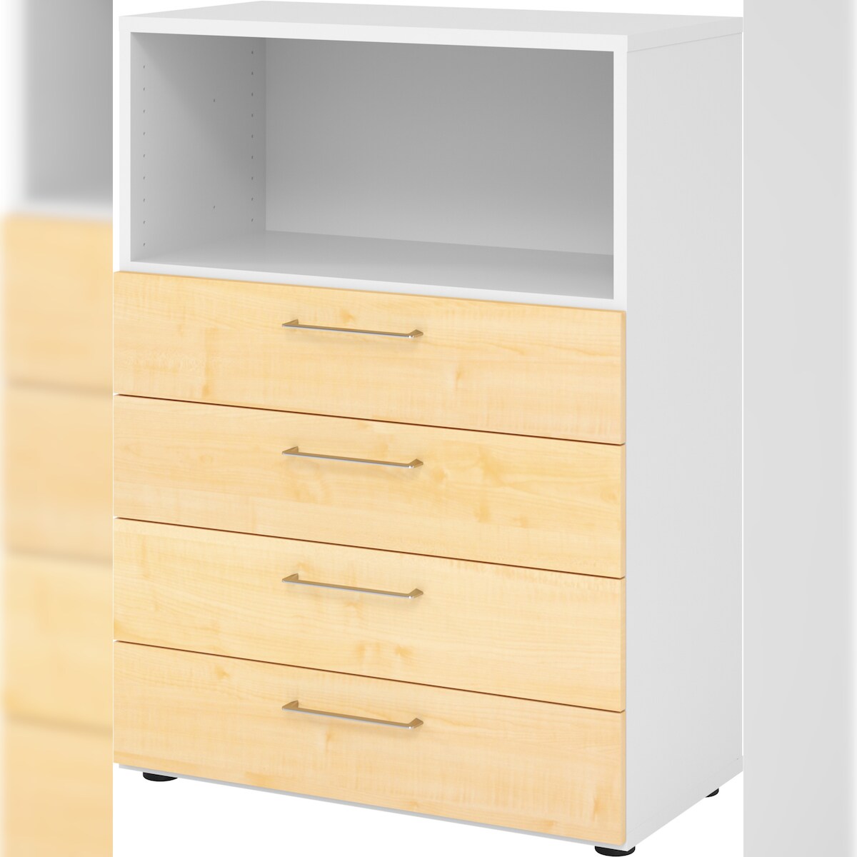 bümö smart Schubladenschrank, Büroschrank 80cm breit in Weiß/Ahorn mit 4 Schüben & 1 Regalfach - Bürocontainer aus Holz, Container mit Metallgriffen Image