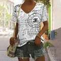 T-Shirt da donna Vintage in bianco e nero con stampa di lettere Design Top con scollo a v femminile camicia taglie forti abbigliamento estivo da donna Casual