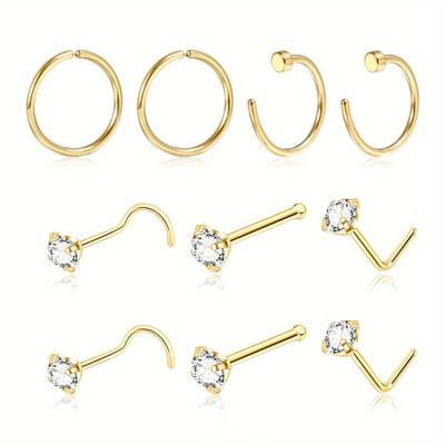 TEMU 10pcs 20g Nose Rings And 20g Nose Studs For Women Men, 316l Stainless Steel Nose Rings L Shape/corkscrew/bone Nose Studs Piercing Jewelry Cz 3mm Hoop Helix Cartilage Daith Tragus Earrings