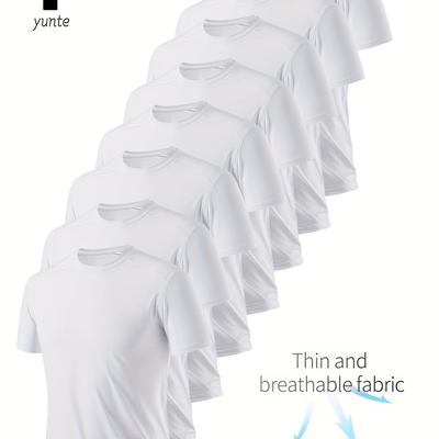 TEMU [popular ] 8pcs Men'-light White T-shirts - Quick Dry, Breathable & Sweat-wicking For Gym, Running & Fitness | Comfortable Polyester Crew Neck Tees Image