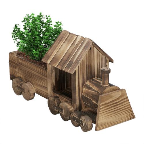 Blumenkarre, Eisenbahn, Garten Dekoration, geflammtes Holz, Blumentopf mit Folie, hbt: 21 x 38 x 13