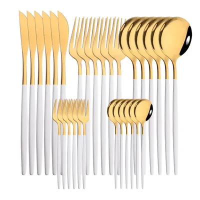 24/30Pcs Stainless Steel Tableware Cutlery Set White Gold Dinnerware Set Knife Cake Fruit Fork Spoon