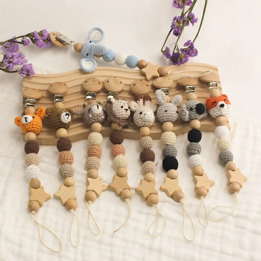 Kleinkinder Anti-drop Schnuller Halter Schnuller Ketten Tier Baby Schnuller Clips Mit Lagerung Tasche Buche Holz Dummy Halter Image