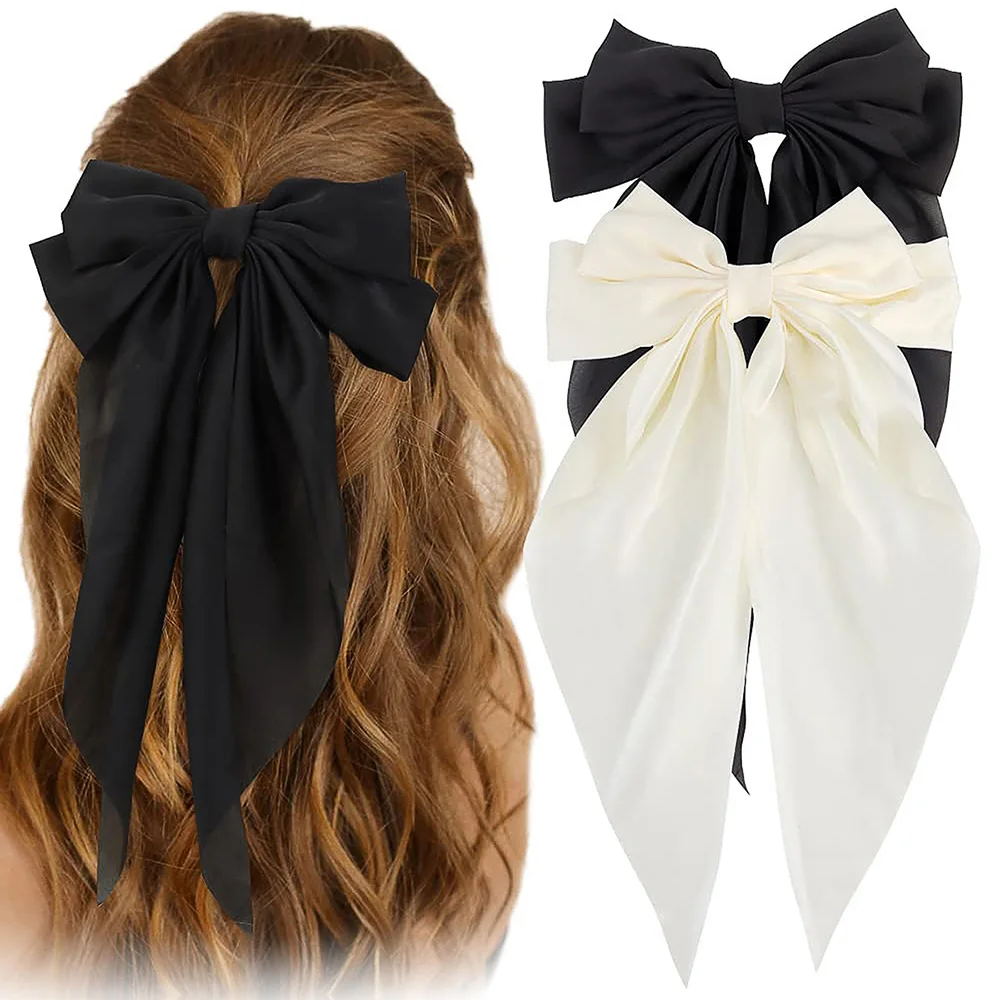 2 Teile/satz Elegante Bogen Band Haar Clip Frauen Fashion Solid Bowknot Satin Haarnadel Barrettes Mädchen Pferdeschwanz Clip Haar Zubehör Image