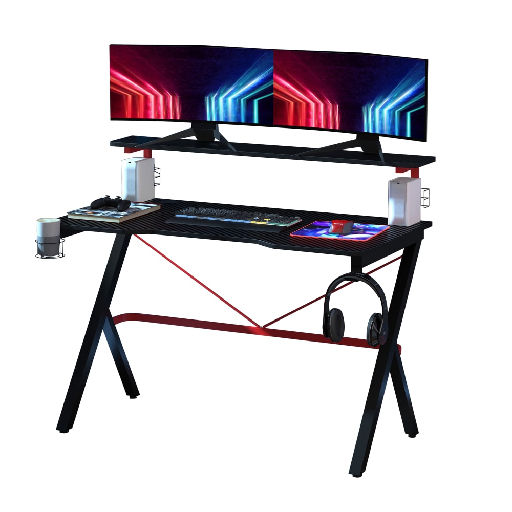Scrivania gaming con ripiano monitor e accessori nera e rossa
