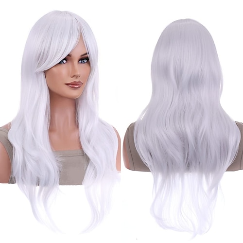Perücken 28 Zoll 70cm Lange Lockige Wellenlager Haarperücke Hitzebeständige Halloween Cosplay Party Perücken Reines Weiß Image