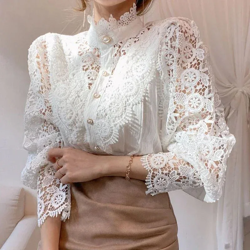 Shirt Women Blusas Mujer De Moda Office Lady Flower Blouse Spring Hollow Out Lace Stand Collar Button Female Clothing 12419