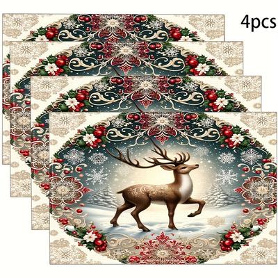TEMU 2pcs/4pcs/christmas Reindeer Series Placemats, Easy To Table Mats For Dining Table Decoration, Heat-resistant Bowl Mats, And Coasters For Home Use. Image