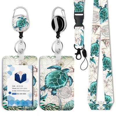 TEMU Aclegtwei Sea Turtle Retractable Badge Holder With Breakaway Lanyard â€“ Heavy Duty Id Clip For Nurses, Office Staff & Teens, Fun Keychain Design With Ocean-themed Patterns, Abs Material