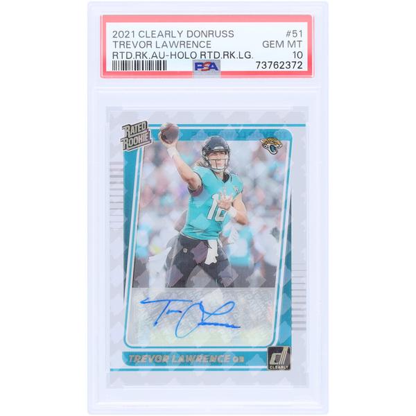 trevor-lawrence-jacksonville-jaguars-autographed-2021-panini-clearly-donruss-rr-logofractor-#51-psa-authenticated-10-rookie-card/