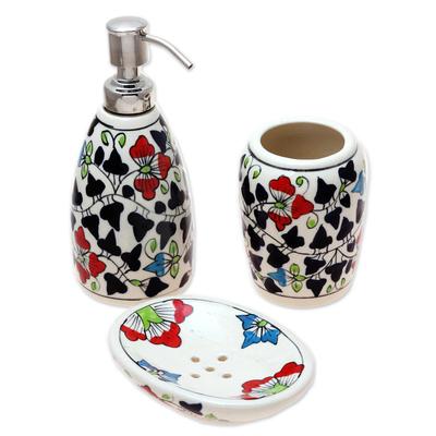 Spring Delight,'Colorful Floral Ceramic Bathroom Set from India (Set of 3)'