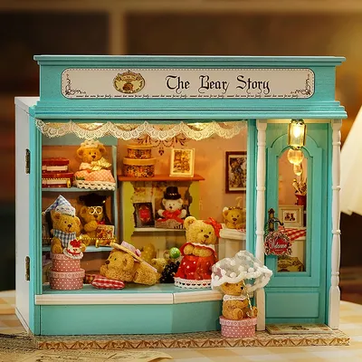 Little Bear Shop Wooden Mini Doll House 3D Puzzle Assembly Building Model Toys Home Bedroom