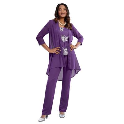 Masseys Sequin Embroidered 3-Piece Pant Set (Size S) Plum, Polyester