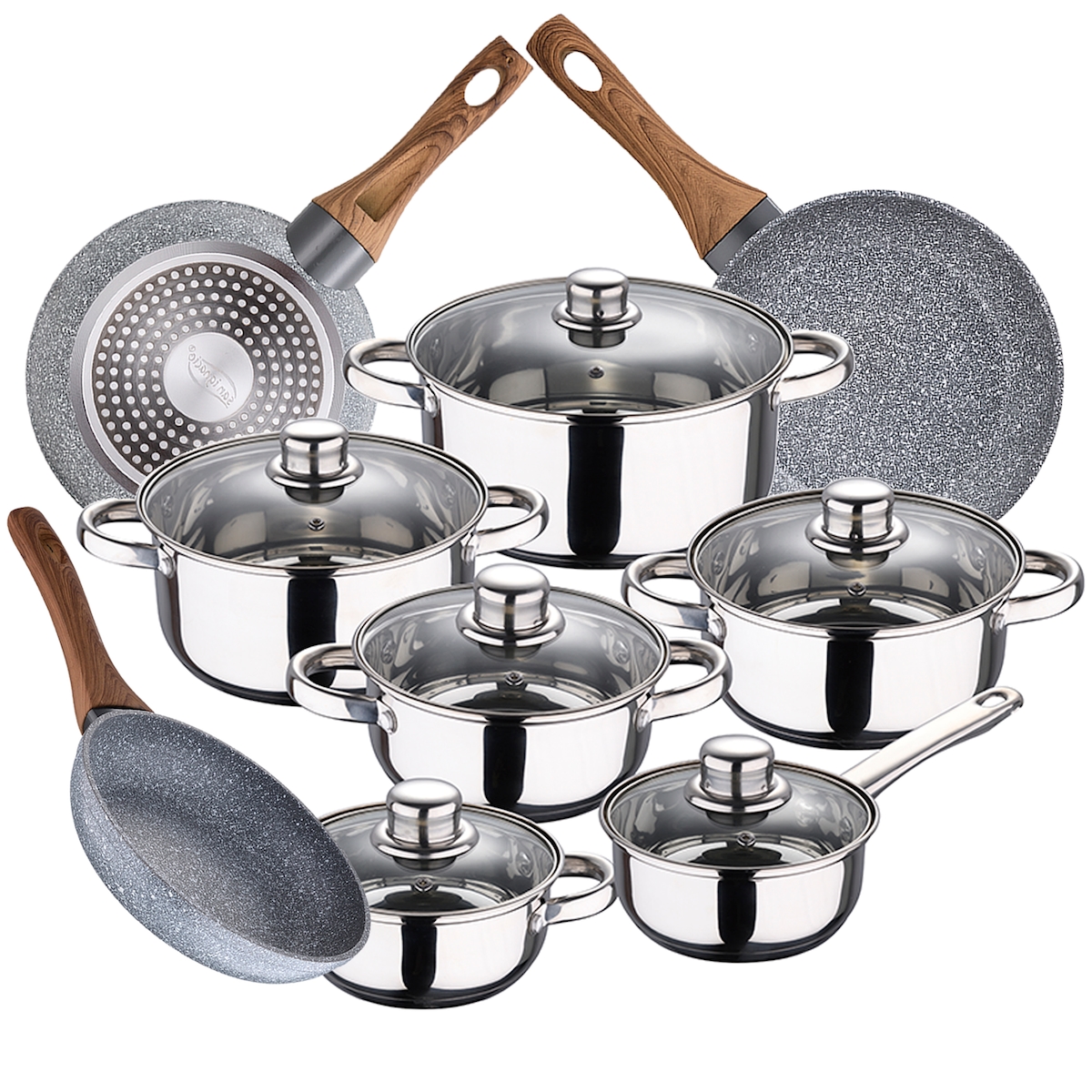 San Ignacio - Cassel 14/16/18/20/24 cm Edelstahl-Kochgeschirrset mit 22/24/26 cm Daimiel-Pfannenset aus geschmiedetem Aluminium Image