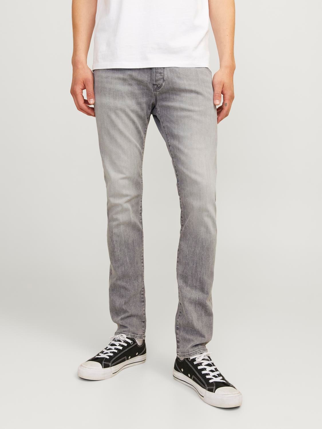Slim-fit-Jeans JACK & JONES "JJIGLENN – Jeans mit Stretch, niedriger Leibhöhe und Taschen", Damen, Gr. 32, Länge 32, grau (grau denim), Denim/Jeans, Obermaterial: 70% Baumwolle, 28% Polyester, 2% Elasthan, Abriebeffekte, slim fit knöchellang, Jeans...