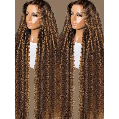 30 40 Inch Highlight Ombre Lace Frontal Wig Curly Human Hair Wigs Colored Deep Wave Frontal Wig