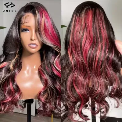 UNice Hair Loose Wave 13x4 Lace Front Wig Human Hair Black With Red & Blonde Highlights PrePlucked