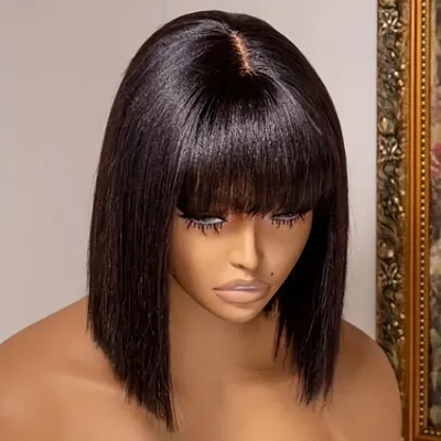 Wiggogo 3X1 Middle Part Lace Wig Bob Wigs Full Machine Made Bone Straight Human Hair Wigs With Bangs