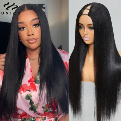 UNice Hair Yaki Straight V-Shaped Wig 100% Human Hair V Part Wig Upgrade U Part Wig No Sew In Clip