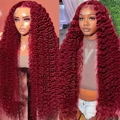 250 Density 30 Inch 13x4 99J Burgundy Deep Wave Lace Frontal Wig Curly Lace Front HD Lace Frontal