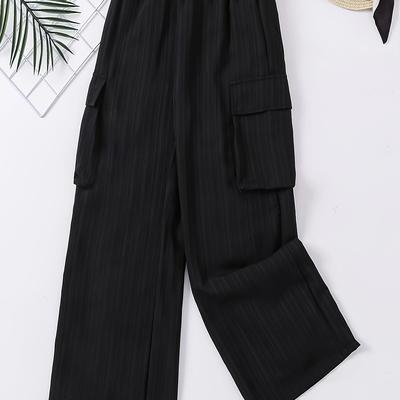 TEMU Girls' Fashionable Black Wide-leg Cargo Pants With Pleated Texture - Casual, Non-stretch Polyester, Machine Washable, Sizes 130-170, Ideal For Spring/summer/fall, Featuring Pockets, Outdoor Image