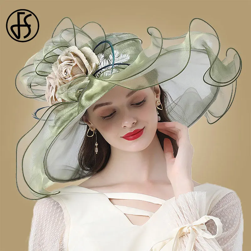 FS Flower Fascinator cappelli donna Kentucky Derby tesa larga matrimonio sposa chiesa Organza cappello da sole 2024 elegante grande donna fedora