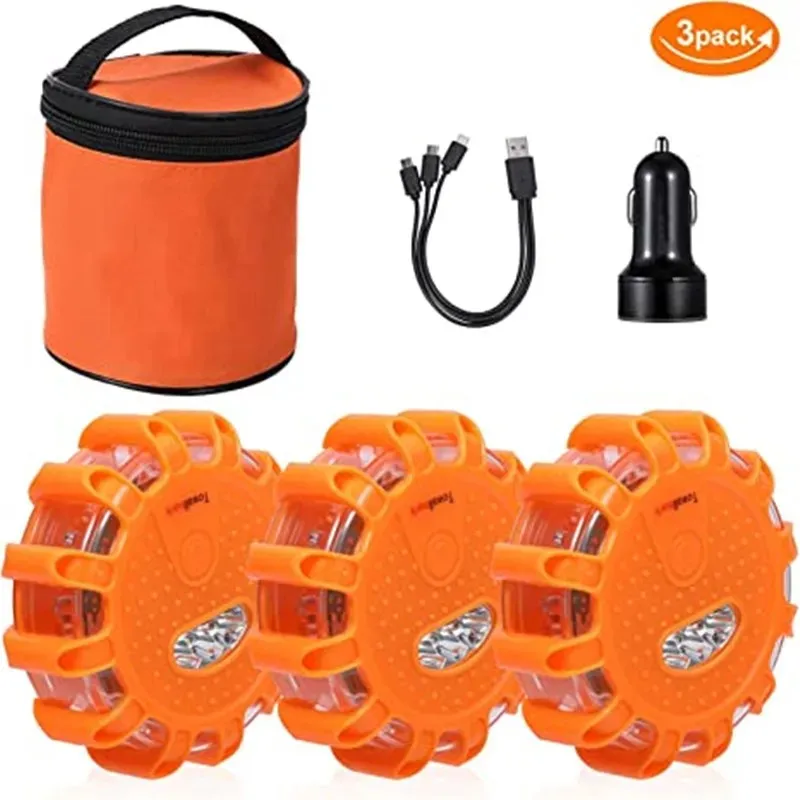 Confezione da 3 fascette stradali a LED lampeggianti spia di emergenza USB ricaricabile aiuto flash disco di sicurezza stradale base lampeggiante magnetica