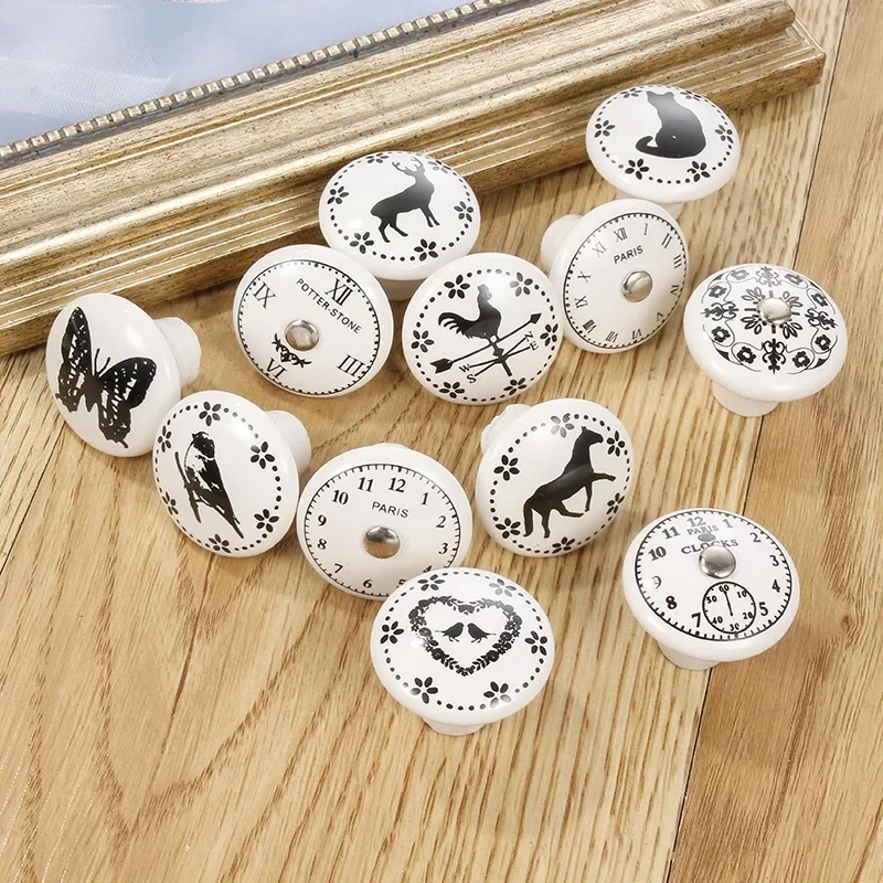 Manopole e maniglie per porte in ceramica con stampa bianca Manopole per cassetti per mobili Maniglie per porte dell'armadio Maniglie per mobili a foro singolo con viti