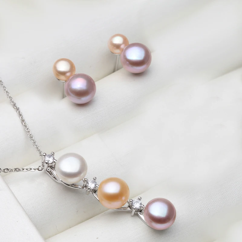 Set di orecchini con collana di perle d'acqua dolce naturali in argento 925 per matrimonio, set di gioielli con perle multicolori, regalo di compleanno per mamma moglie nero