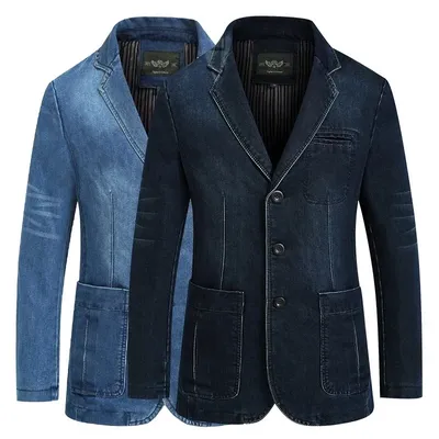 Men Denim Blazer Fashion Cotton Vintage Suit Coat Male Male Blue Casual Jeans Jacket New Autumn